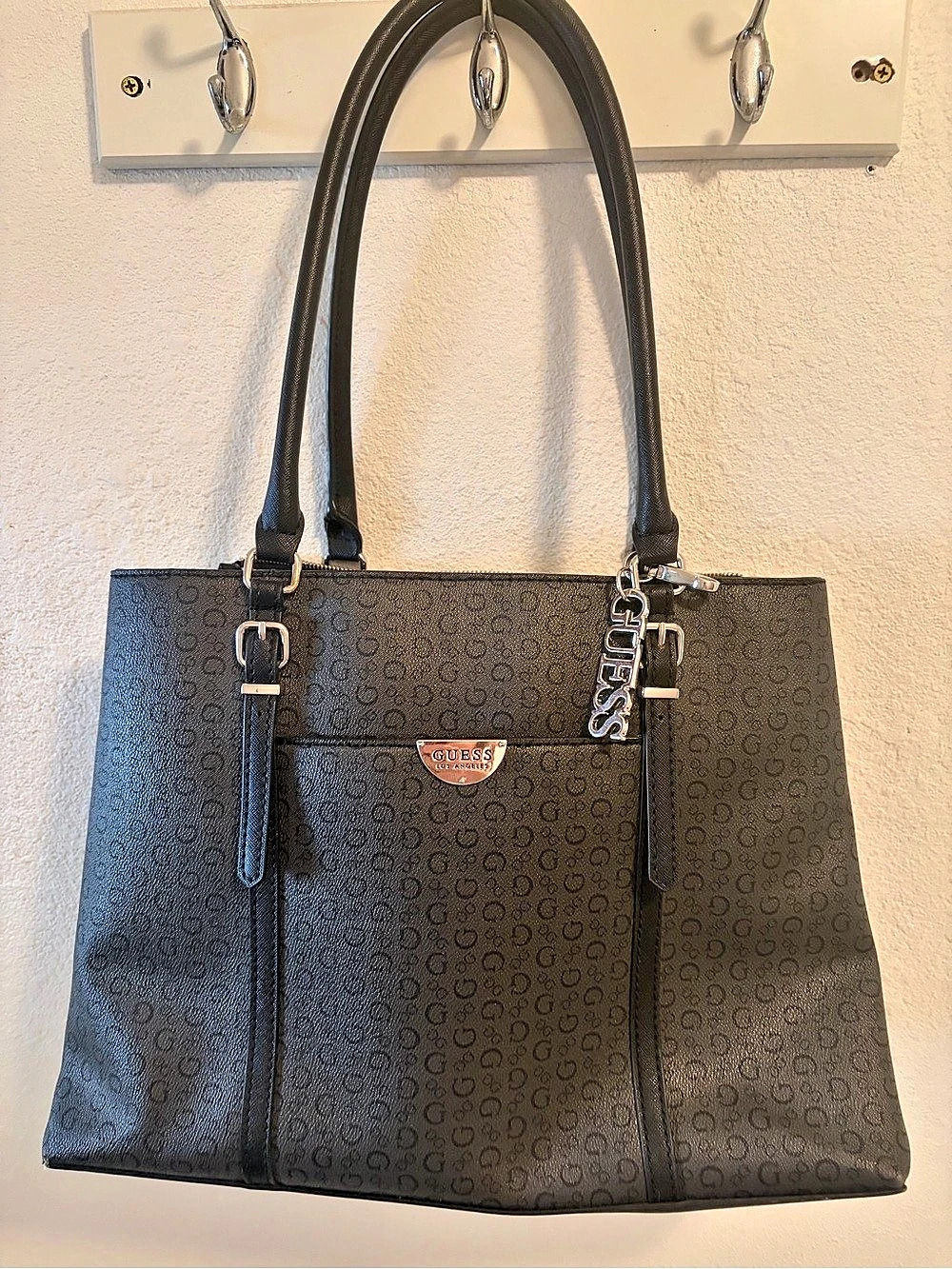 GUESS Monogram Tote in Black & Brown